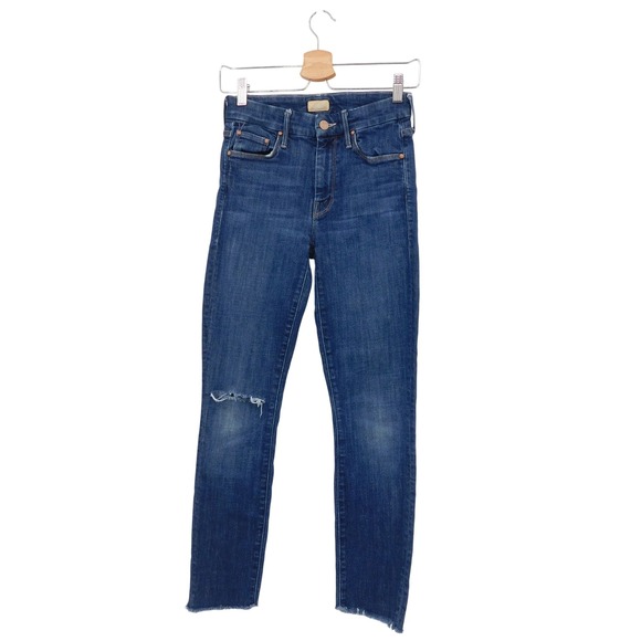 MOTHER Denim - Mother The Looker Skinny Jeans Clean Sweep Dark Wash Distressed Raw Hem USA Made